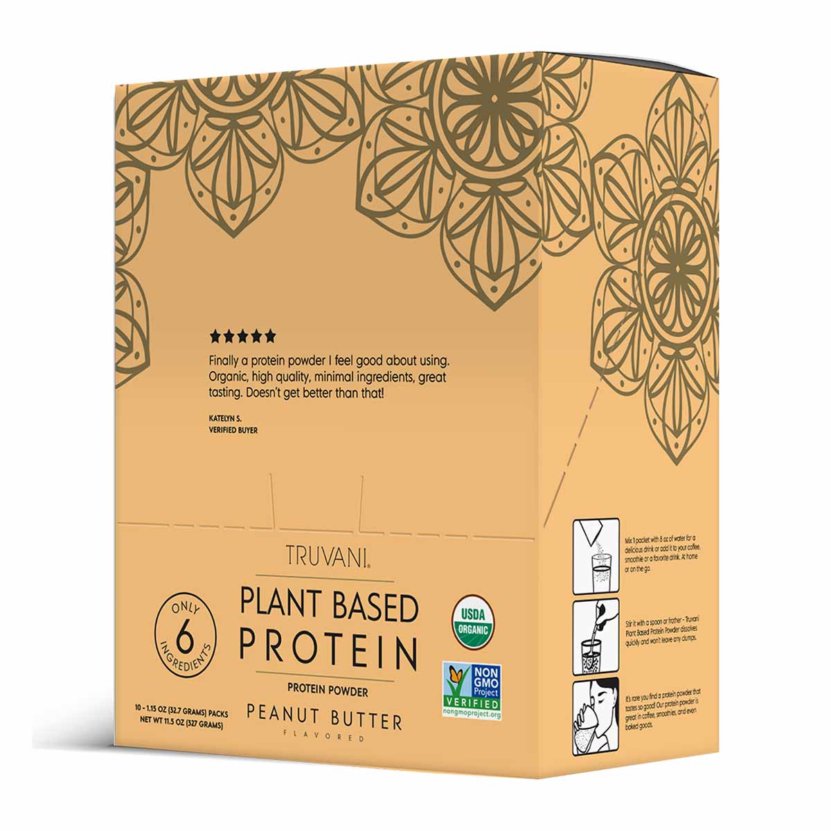 Tan cardboard box of Truvani Plant Based Protein powder in peanut butter flavor with decorative leaf pattern and certificatio