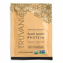 Truvani certified organic plant-based protein powder packet in peanut butter flavor with decorative gold and black design.