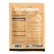 Truvani peanut butter flavored plant-based protein packet with nutrition facts and ingredient list on tan packaging.