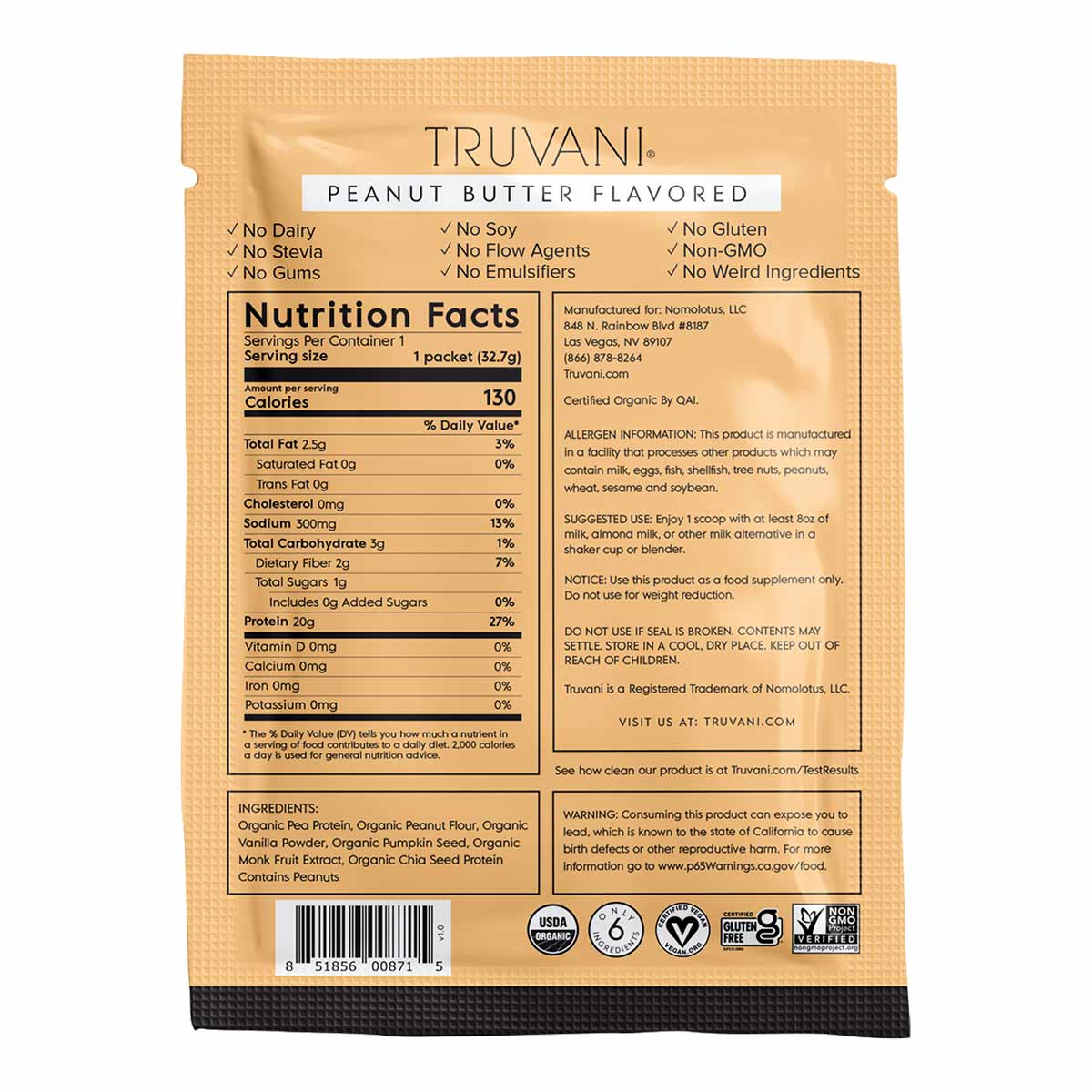 Truvani peanut butter flavored plant-based protein packet with nutrition facts and ingredient list on tan packaging.