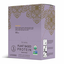Truvani Plant Based Protein powder box in lavender with gold floral pattern, unflavored and unsweetened, 10 packets.