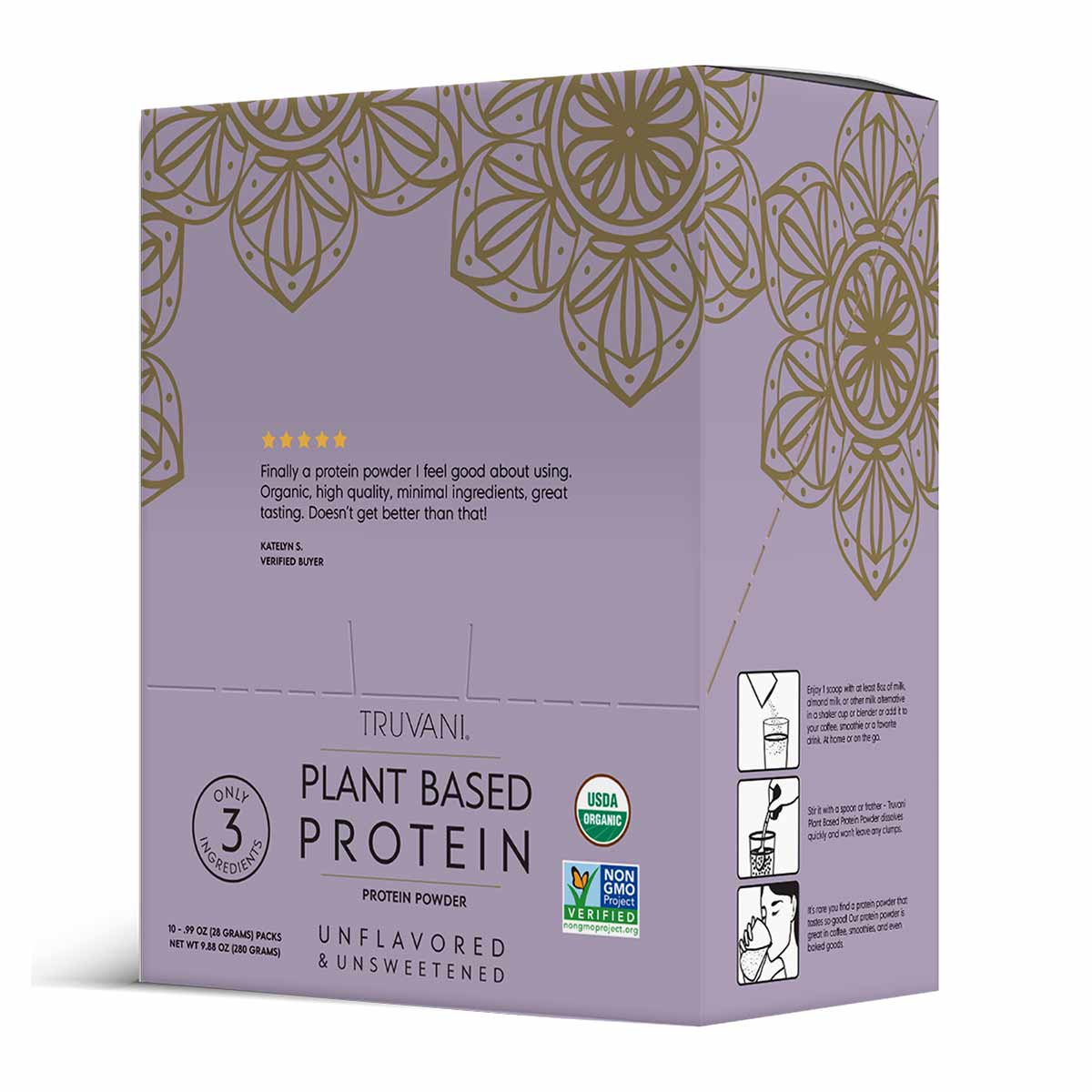 Truvani Plant Based Protein powder box in lavender with gold floral pattern, unflavored and unsweetened, 10 packets.
