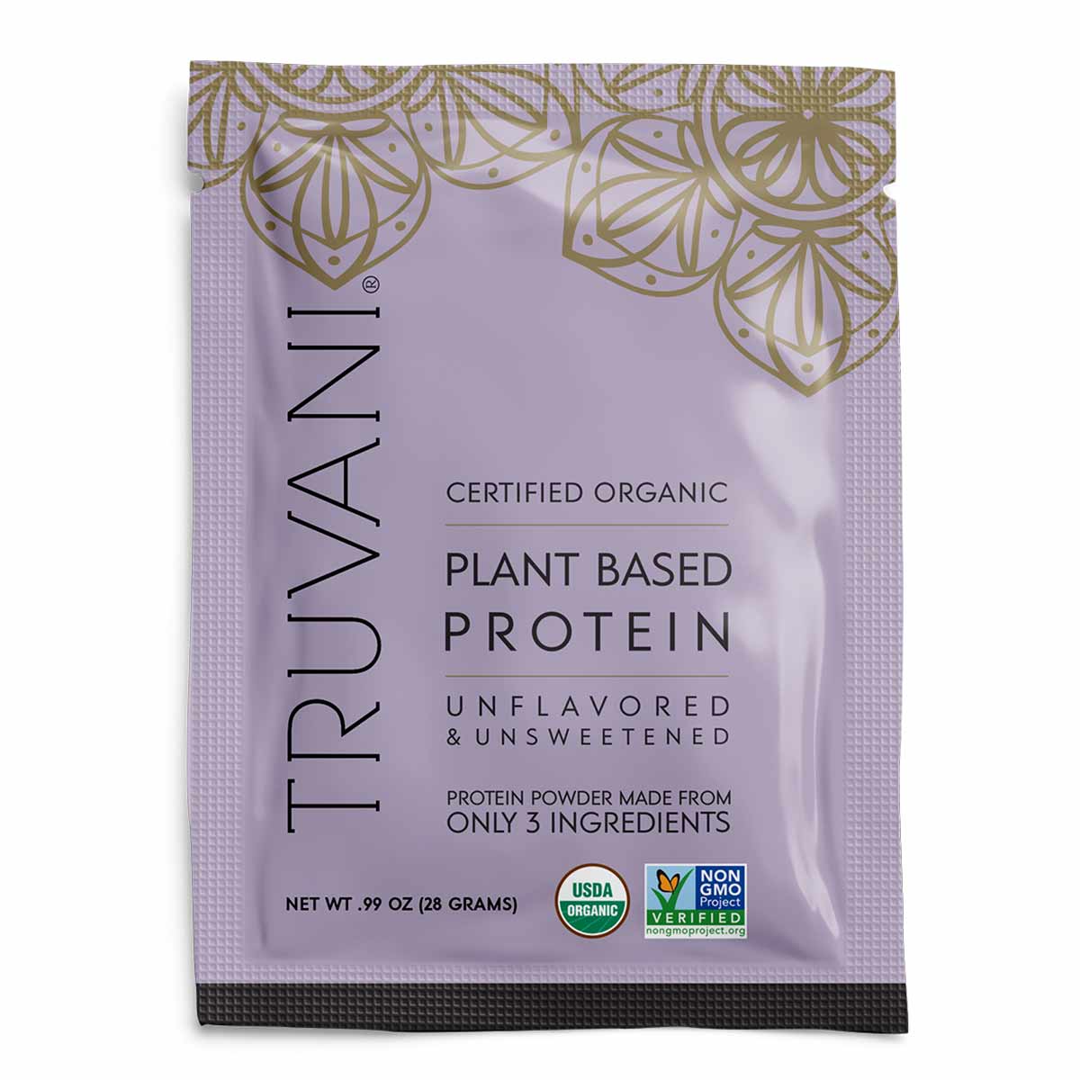 Truvani certified organic plant-based protein powder packet in lavender with gold decorative pattern, 0.99 oz single serve.