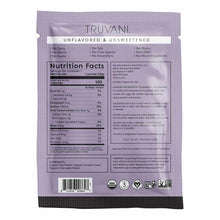 Truvani unflavored plant-based protein powder packet displaying nutrition facts, ingredients, and certification logos on purp