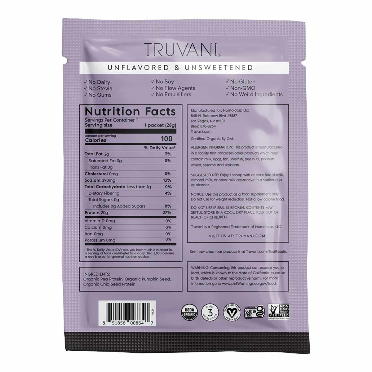 Truvani unflavored plant-based protein powder packet displaying nutrition facts, ingredients, and certification logos on purp