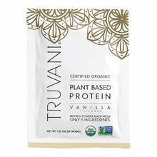 Truvani certified organic vanilla plant-based protein powder packet with decorative gold border pattern and certification bad