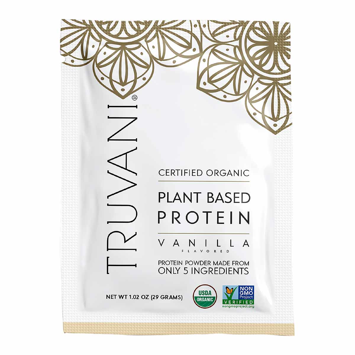 Truvani certified organic vanilla plant-based protein powder packet with decorative gold border pattern and certification bad
