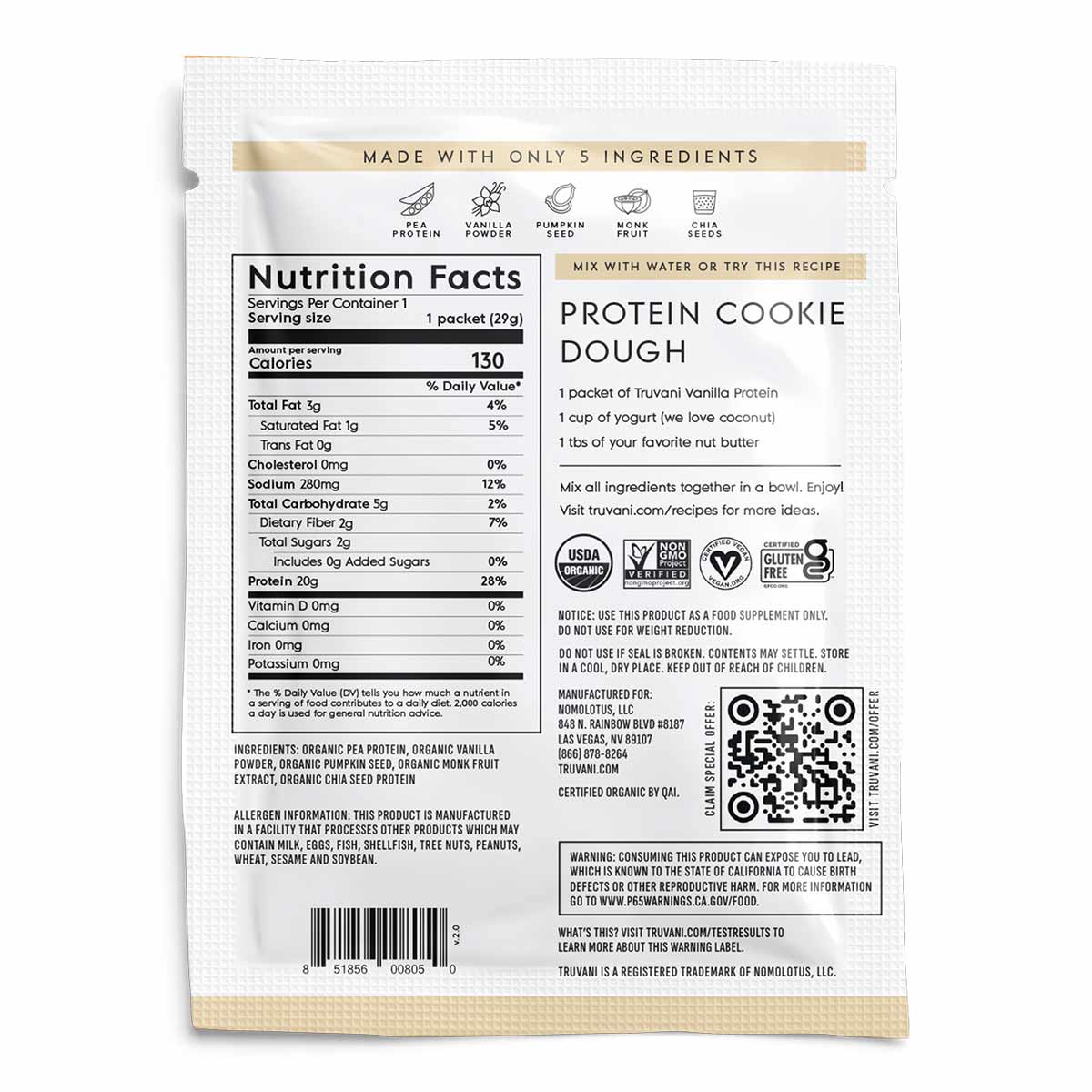 Truvani plant-based protein powder packet with vanilla flavor, showing nutrition facts and protein cookie dough recipe instru