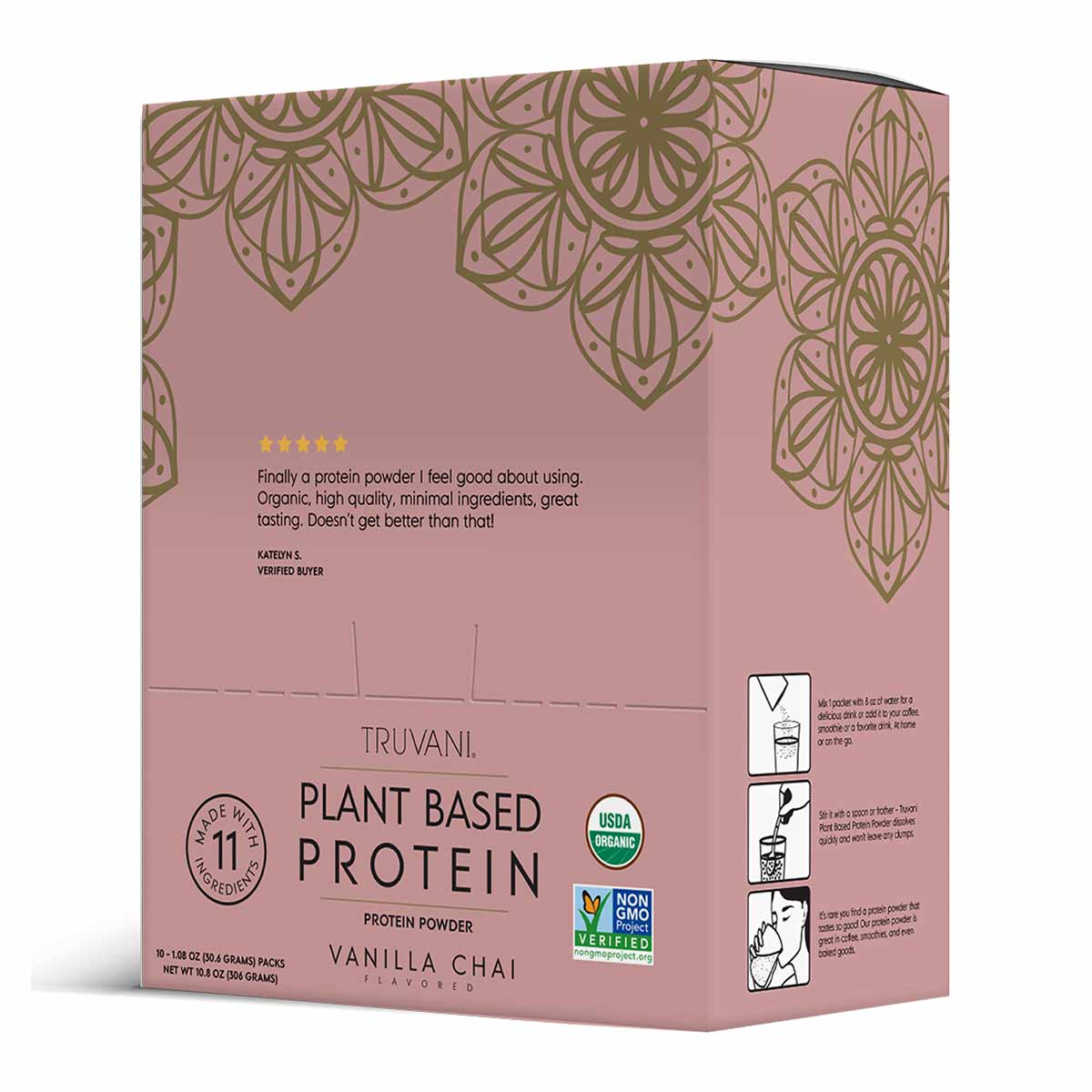 Truvani Plant Based Protein powder box in vanilla chai flavor with organic and non-GMO certifications on pink background.