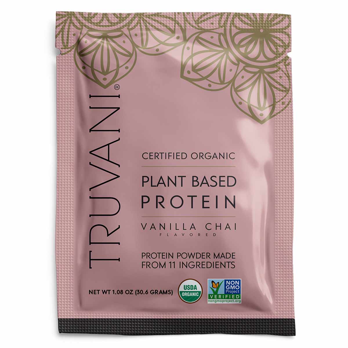 Truvani plant based protein powder packet in vanilla chai flavor, 1.08 oz, with USDA organic and non-GMO verified seals.