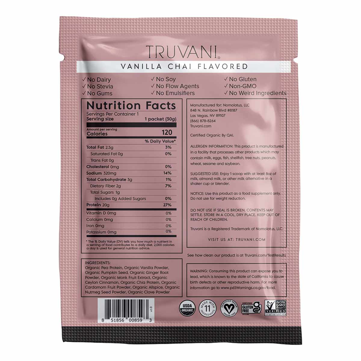 Truvani vanilla chai flavored plant-based protein powder packet with nutrition facts, ingredients, and certification labels o