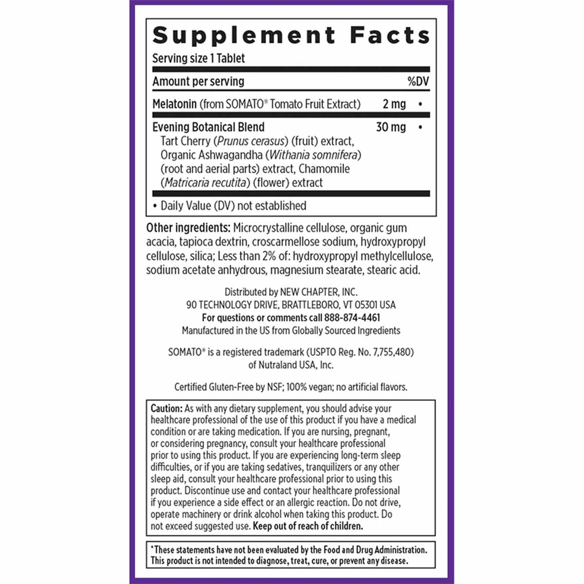 New Chapter Plant Melatonin supplement facts label showing 2 mg melatonin per tablet and evening botanical blend ingredients.