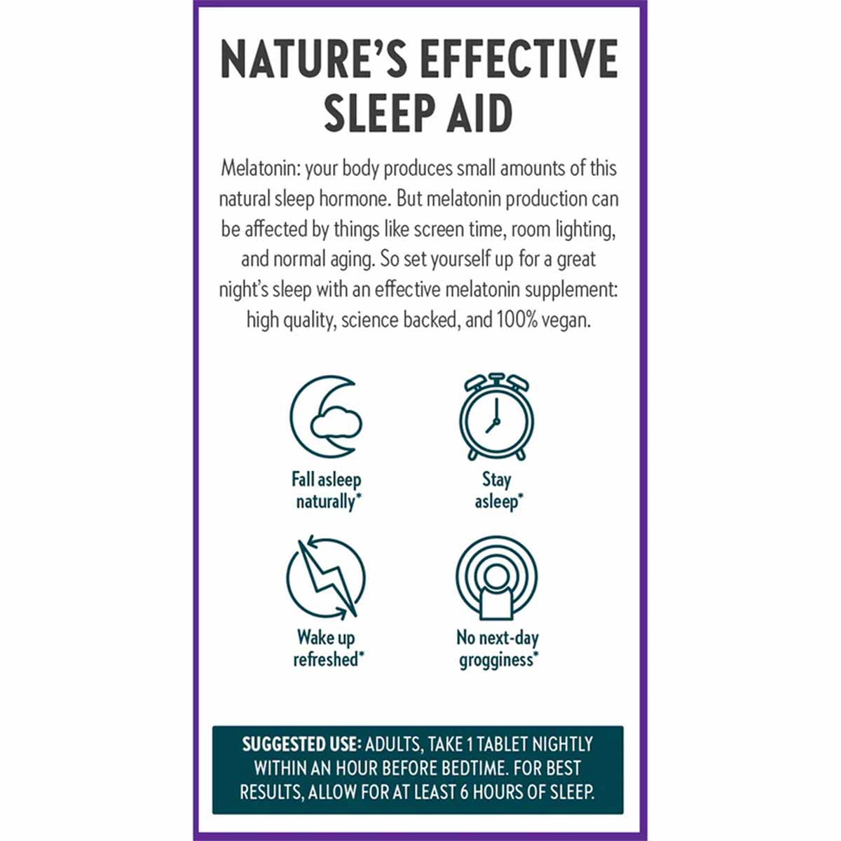 Product package label for New Chapter Plant Melatonin sleep aid supplement with usage instructions and benefit icons on white