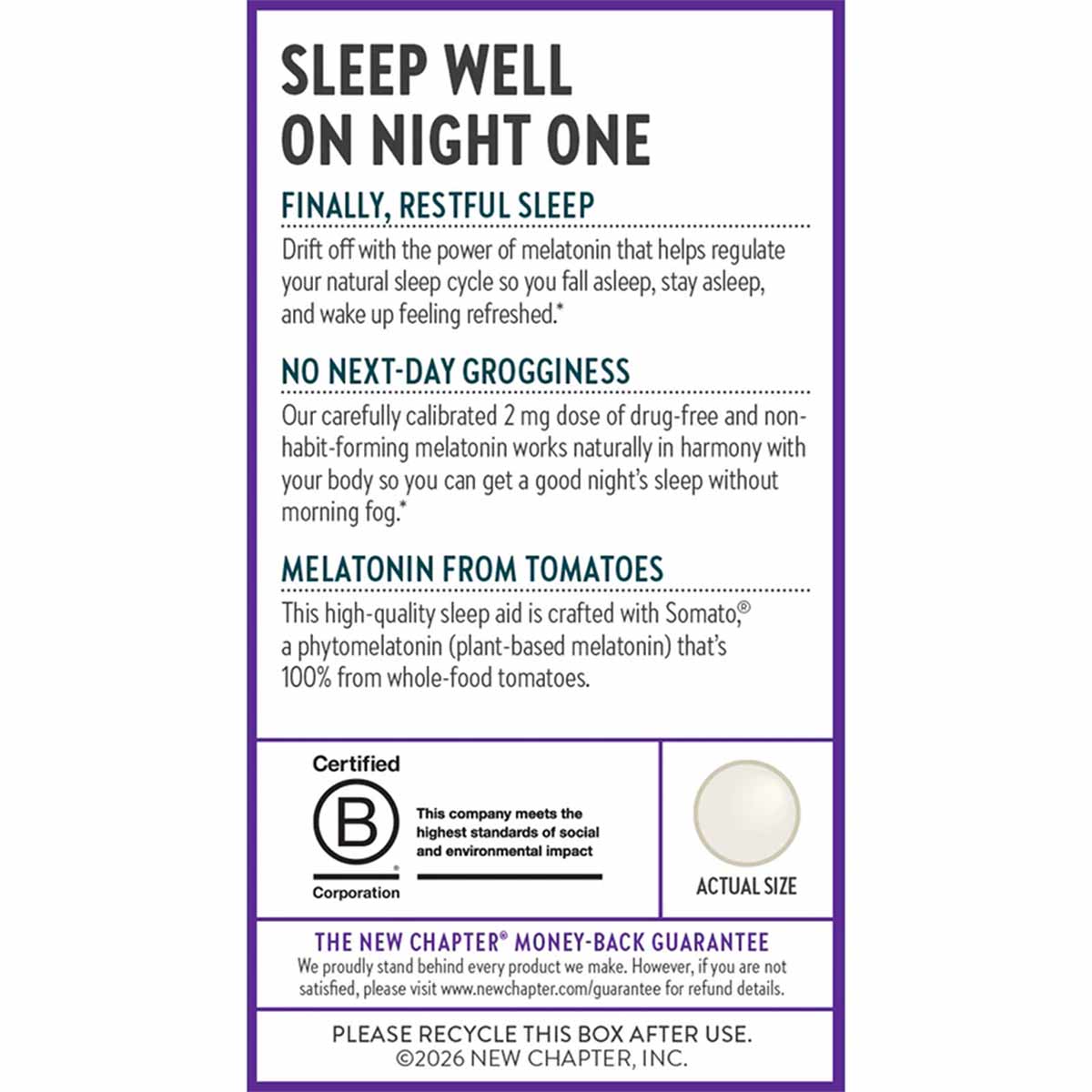 New Chapter Plant Melatonin supplement bottle box with purple border, showing product information and white tablet at actual 