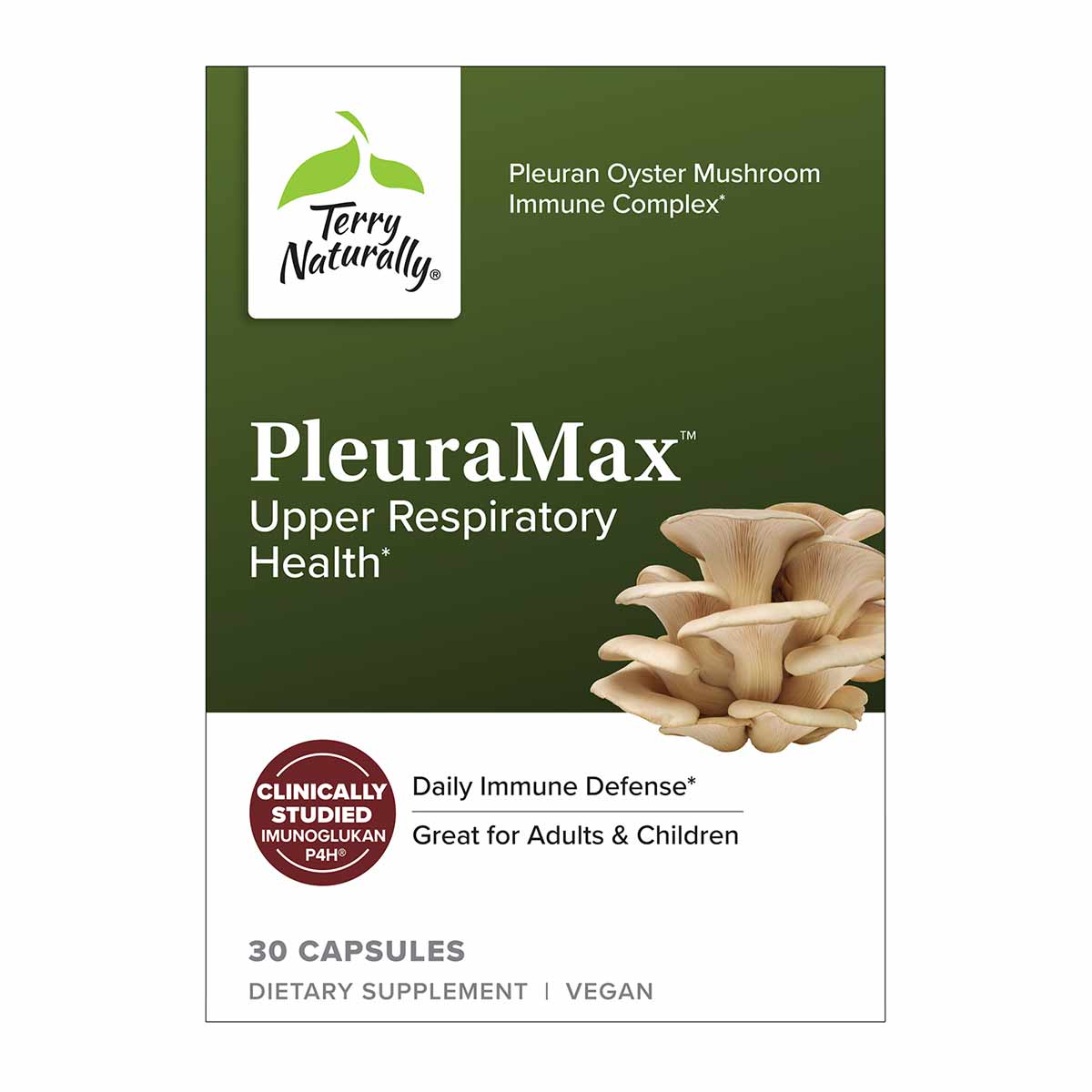 PleuraMax bottle by Terry Naturally featuring Pleuran Oyster Mushroom Immune Complex for upper respiratory health, 30 vegan c