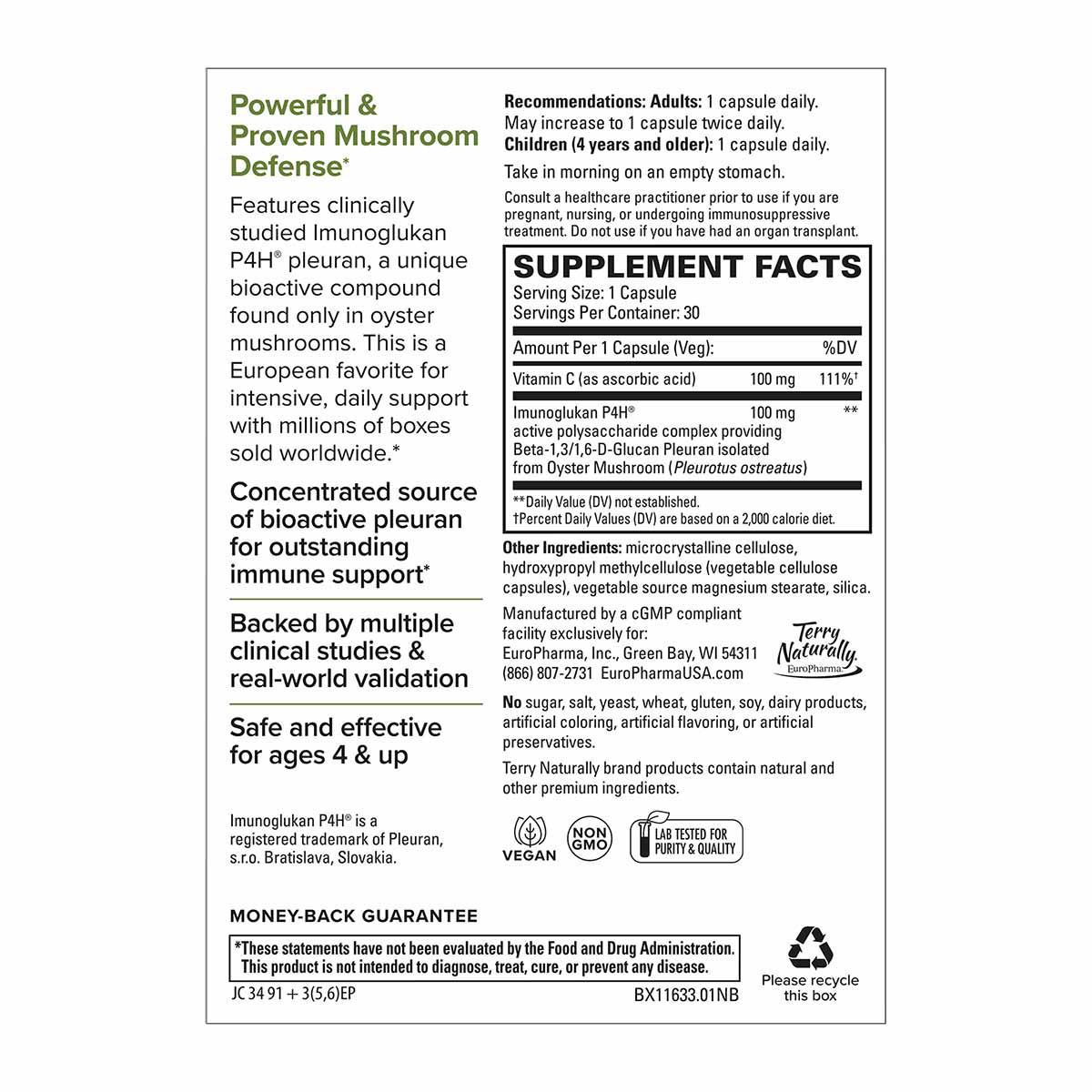 PleuraMax supplement bottle label showing product information, dosage recommendations, and supplement facts for mushroom-base