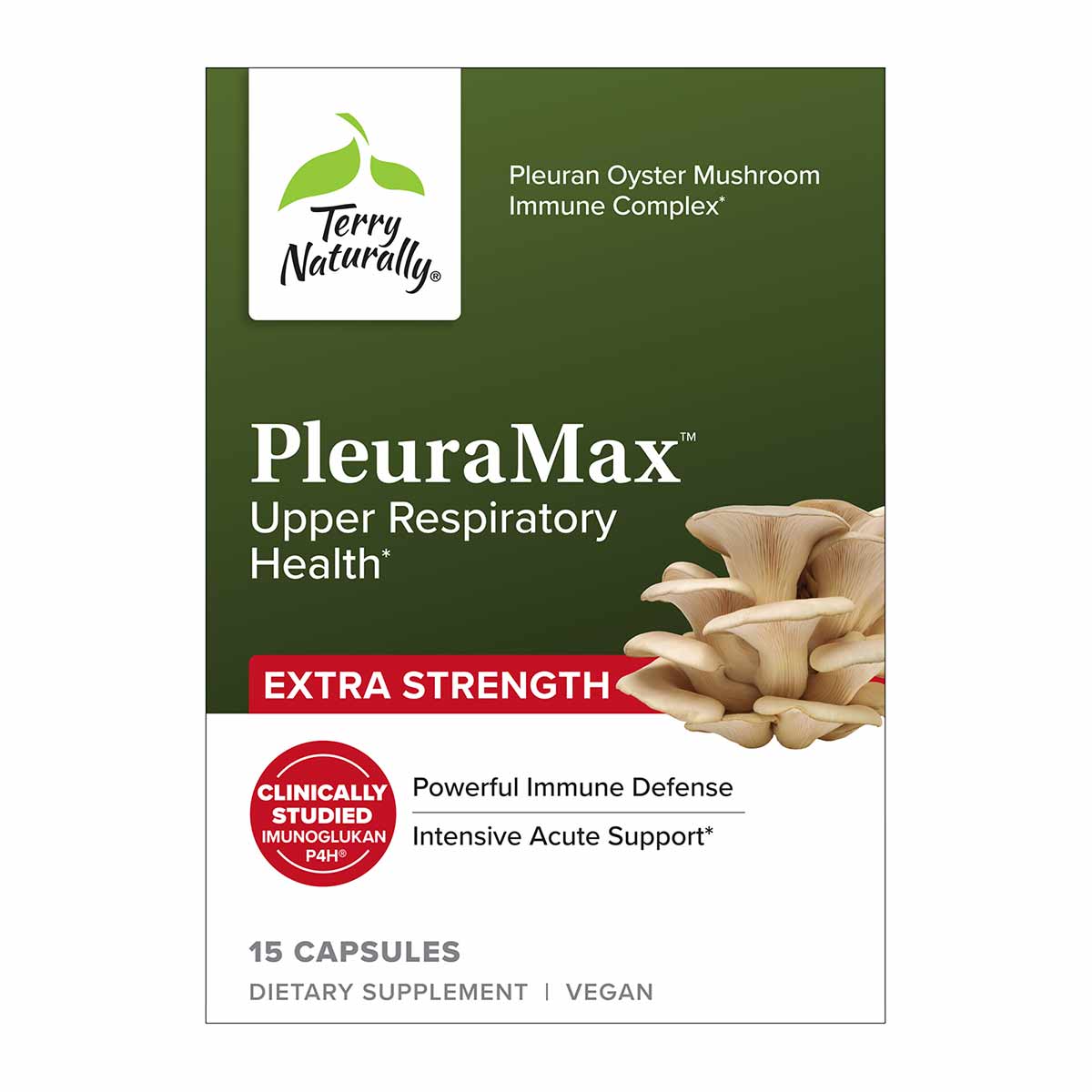 PleuraMax Extra Strength by Terry Naturally bottle with Pleuran Oyster Mushroom Immune Complex, 15 vegan capsules.