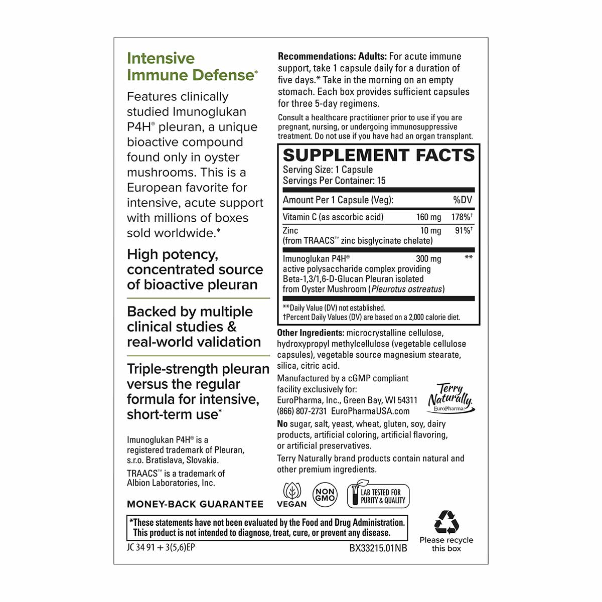 PleuraMax Extra Strength supplement bottle label showing intensive immune defense formula with immunoglukan P4H pleureauran f