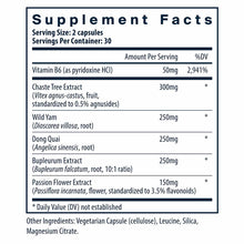 Supplement Facts label showing PMS Support formula with Vitamin B6, Chaste Tree Extract, Wild Yam, Dong Quai, Bupleurum Extra