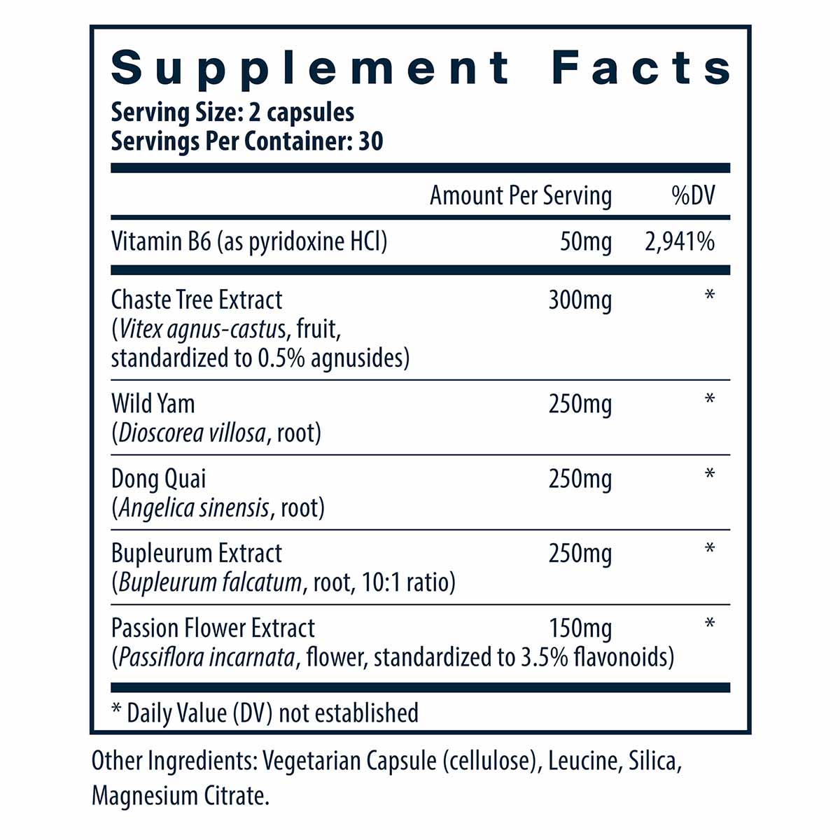 Supplement Facts label showing PMS Support formula with Vitamin B6, Chaste Tree Extract, Wild Yam, Dong Quai, Bupleurum Extra