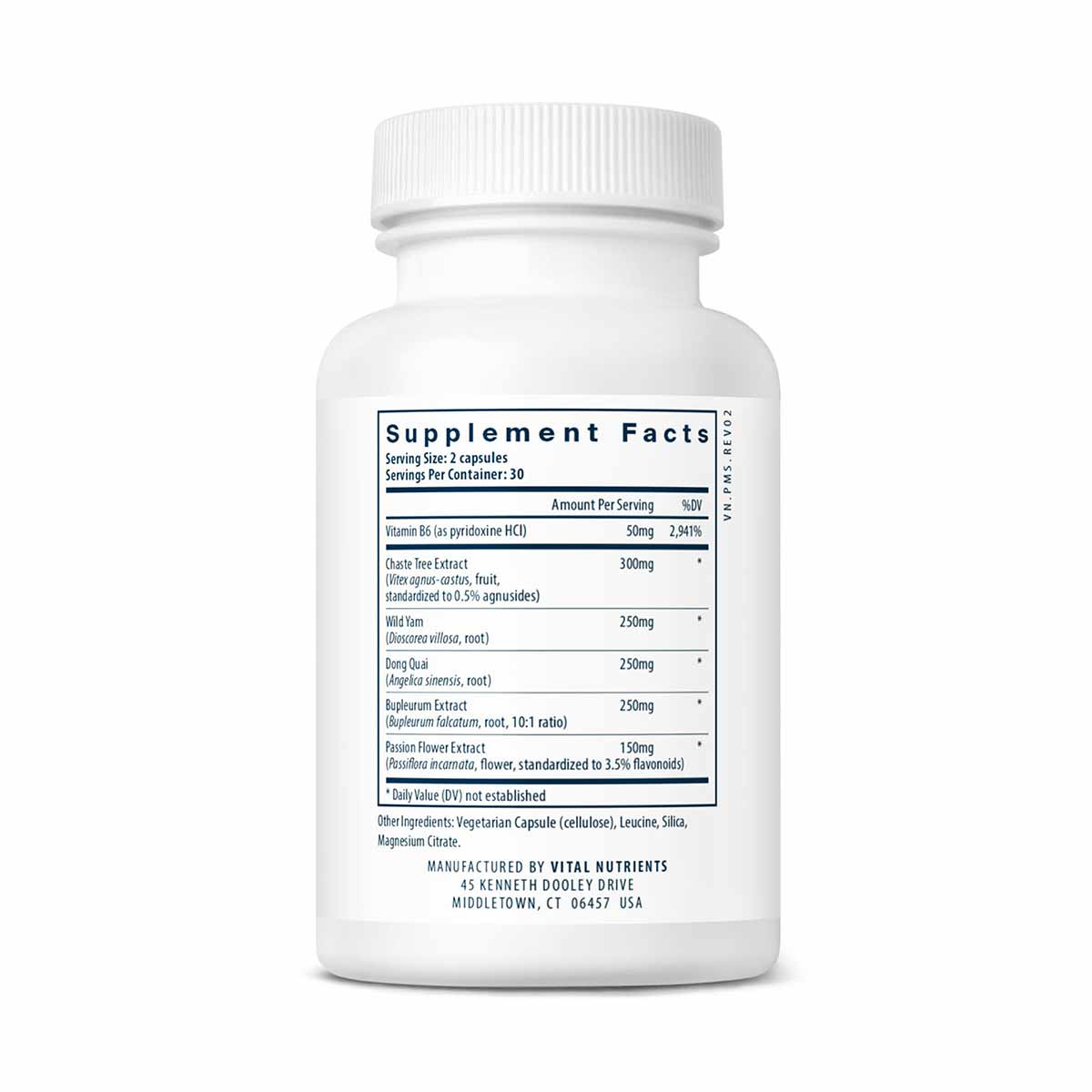 White supplement bottle with white cap and label showing supplement facts for PMS Support by Vital Nutrients.