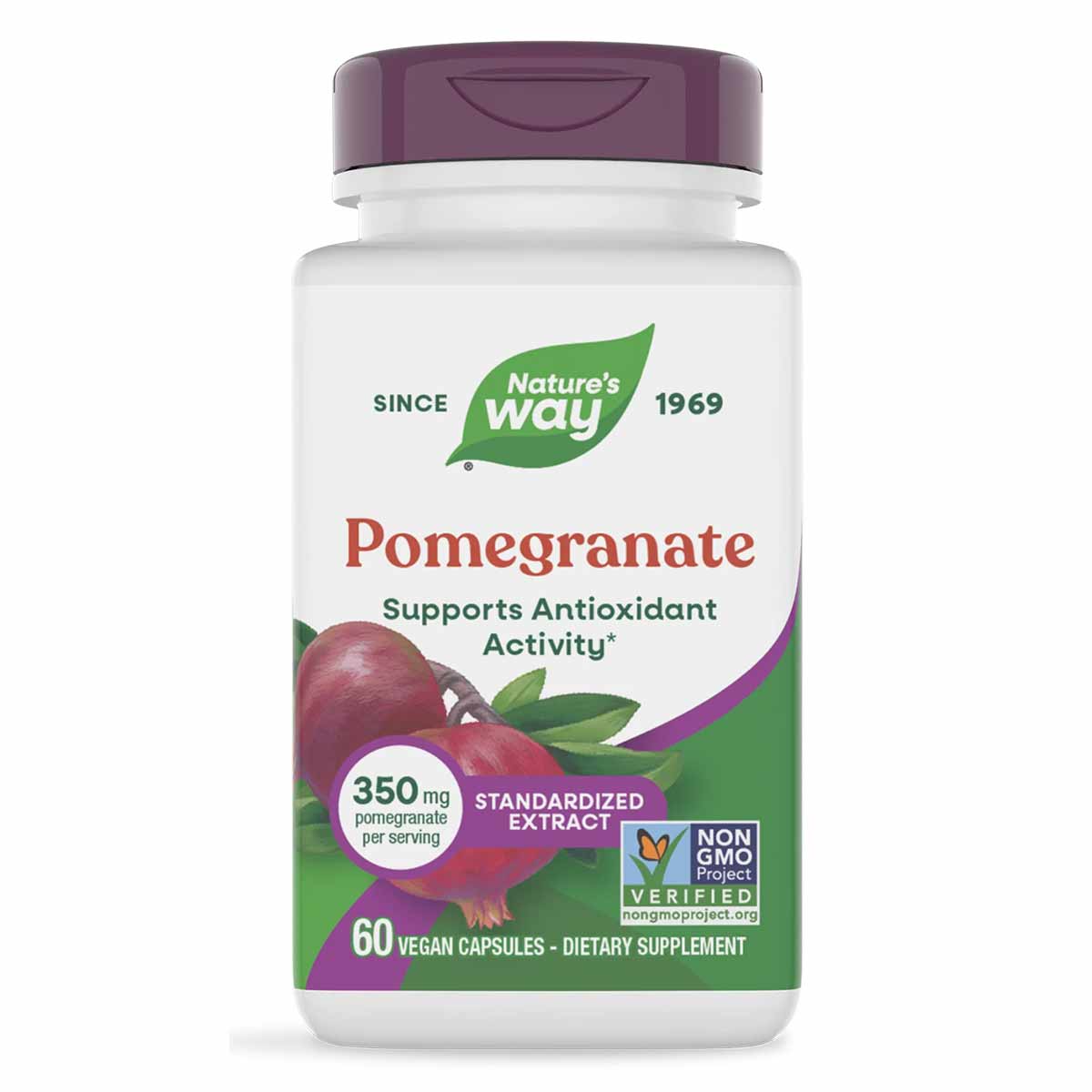 White bottle with purple cap containing Nature's Way Pomegranate Extract 350 mg, 60 vegan capsules.