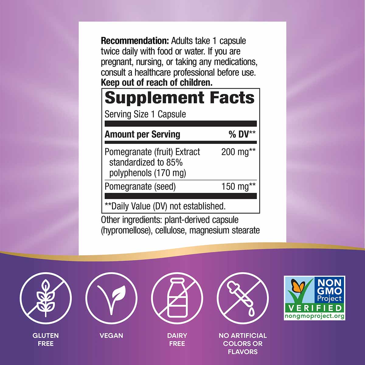 Supplement label for Nature's Way pomegranate extract showing dosage, ingredients, and certifications for gluten-free, vegan,