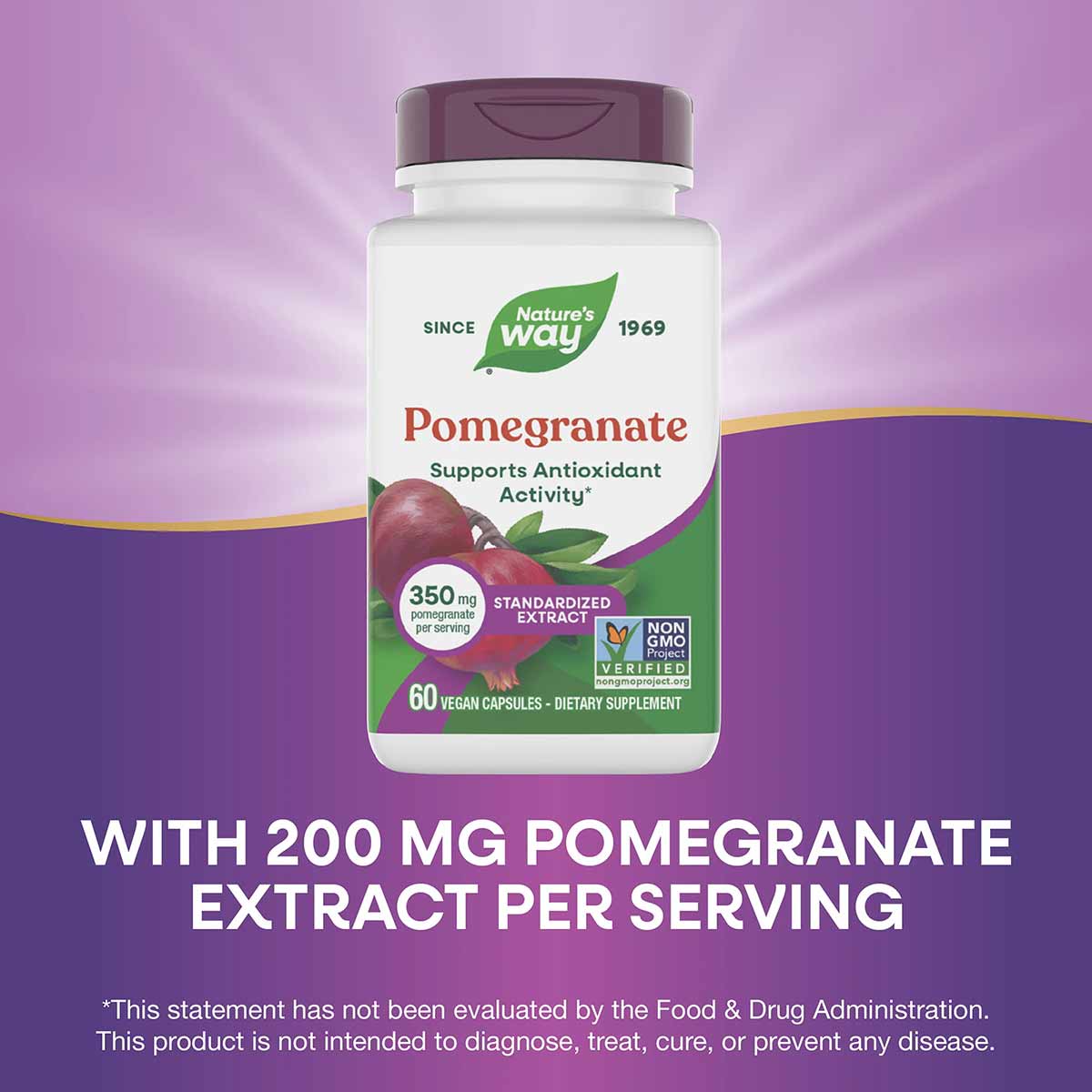 Nature's Way Pomegranate Extract 350 mg bottle with purple cap and label on purple background.