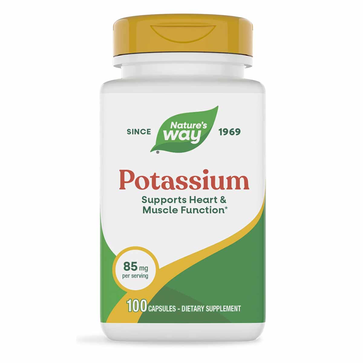 Nature's Way Potassium supplement bottle with gold cap containing 100 capsules, 85 mg per serving.