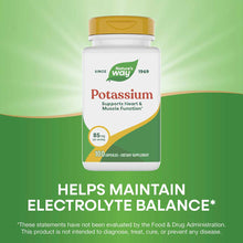 Nature's Way Potassium supplement bottle with gold cap, 85mg per serving, 100 capsules, on green gradient background.