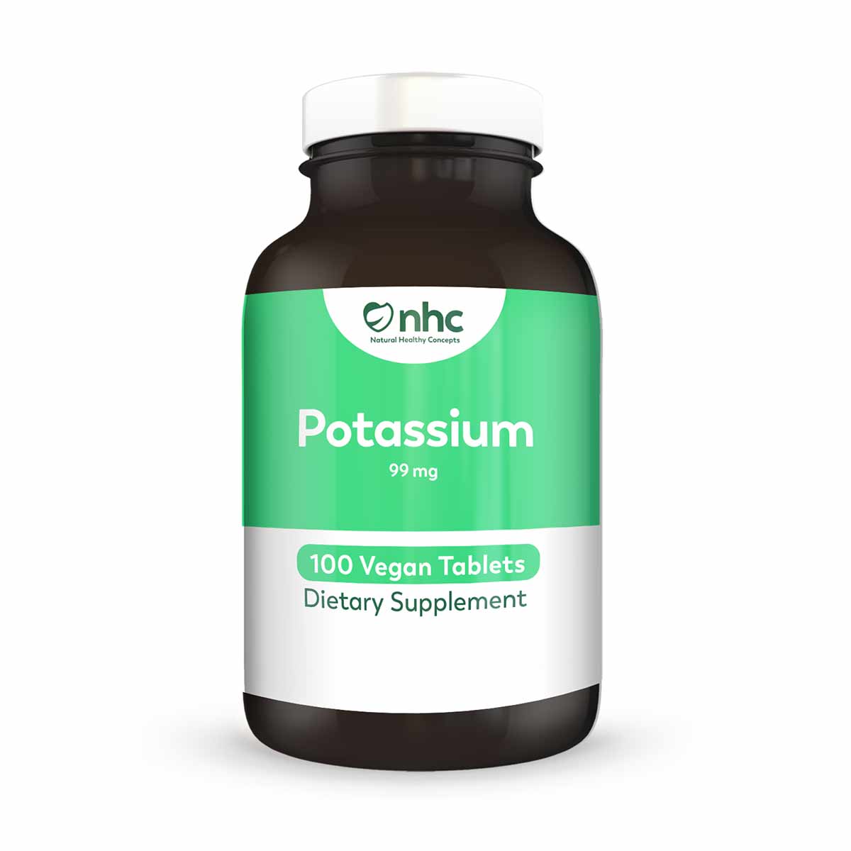Dark glass bottle with green and white label showing "Potassium 99 mg" and "100 Vegan Tablets" text, with white cap.