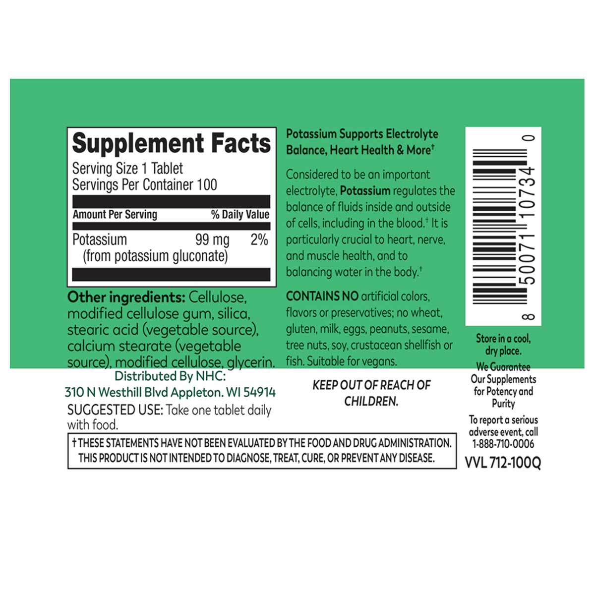 Potassium supplement bottle label showing supplement facts, ingredients, and usage instructions on green background.