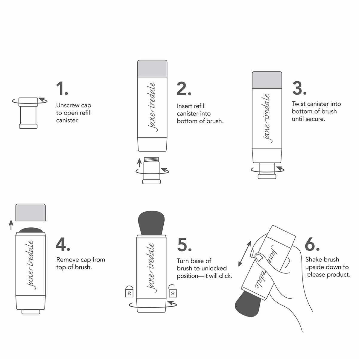 Instructional diagram showing six steps for assembling and using a cylindrical brush applicator with refillable powder canist