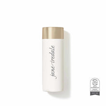 Cylindrical white container with gold cap labeled "jane iredale" and a certification seal on the front.