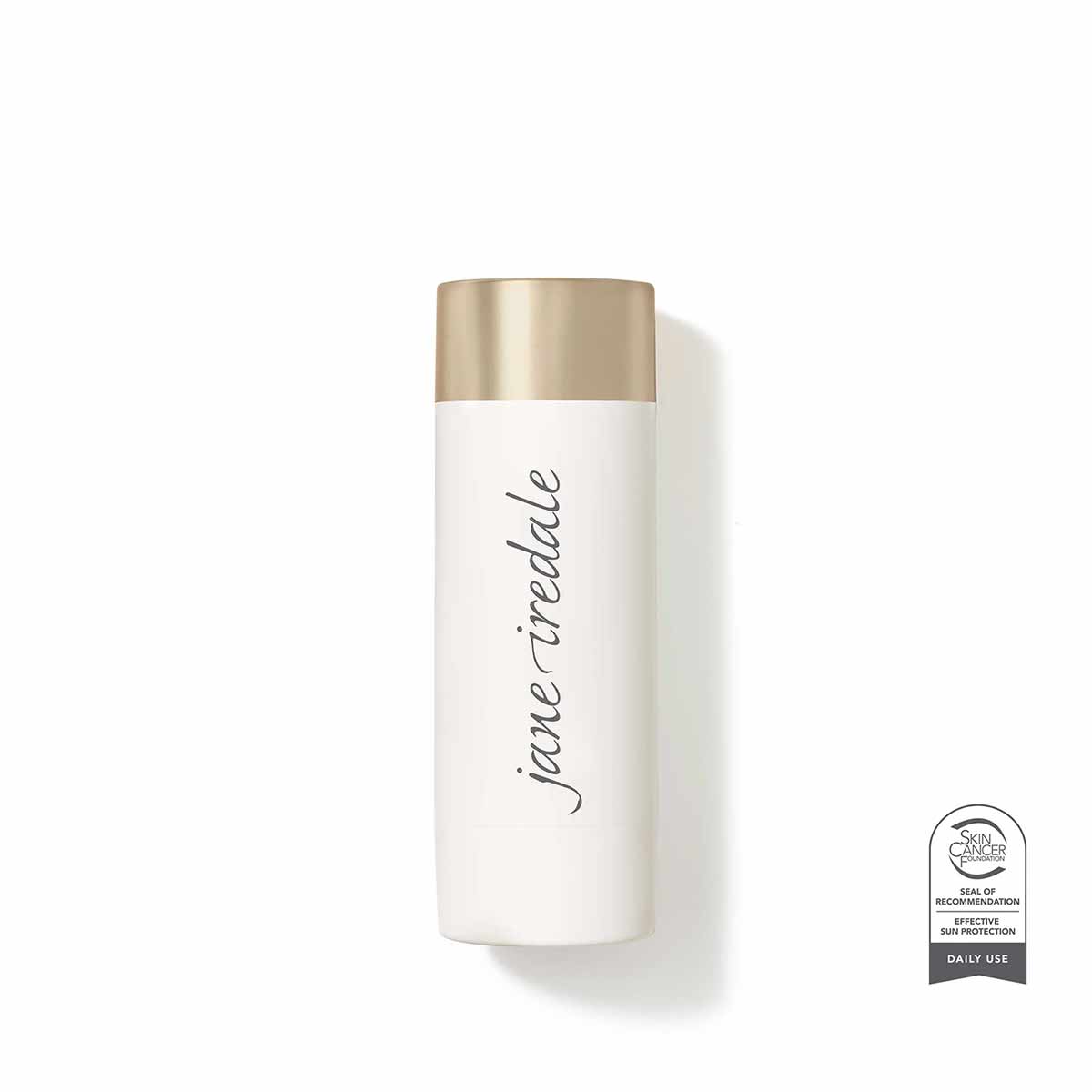 Cylindrical white container with gold cap labeled "jane iredale" and a certification seal on the front.