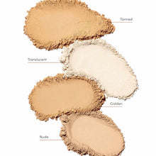 Four swatches of powder sunscreen in tanned, translucent, golden, and nude shades displayed vertically.
