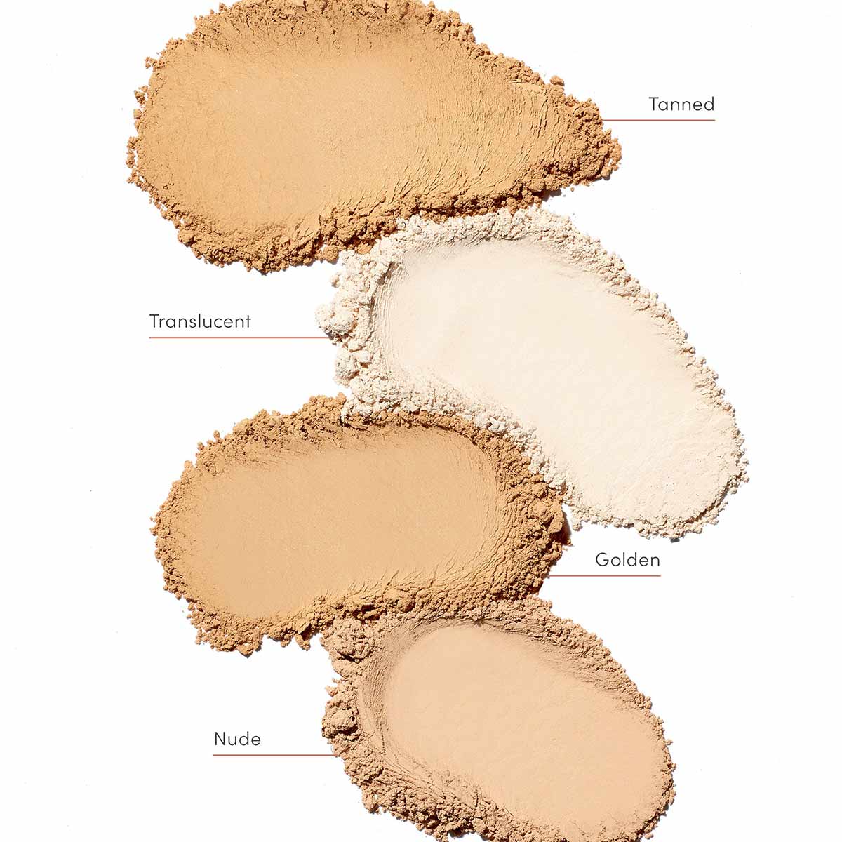 Four swatches of powder sunscreen in tanned, translucent, golden, and nude shades displayed vertically.