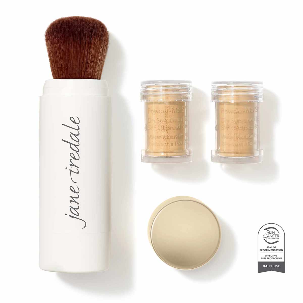White brush applicator with jane iredale branding, two refill jars of tan powder, and cream-colored powder compact with SPF 3