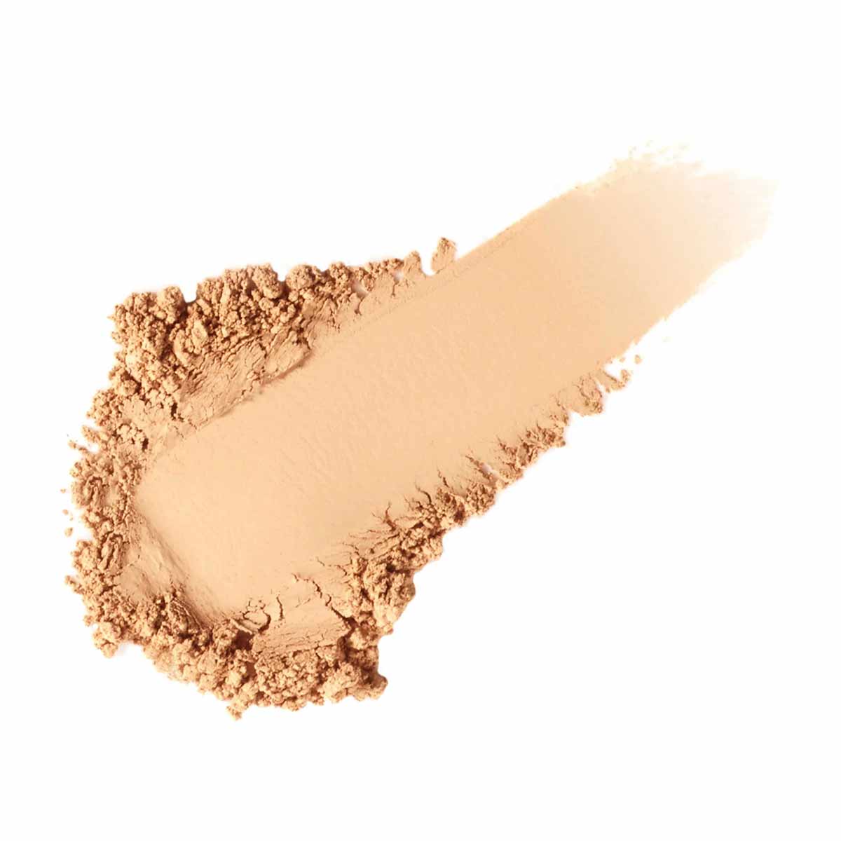 Beige powder sunscreen with loose and compacted texture swatches on white background.