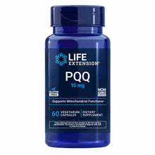 Dark blue Life Extension PQQ supplement bottle containing 60 vegetarian capsules of 10 mg pyrroloquinoline quinone.