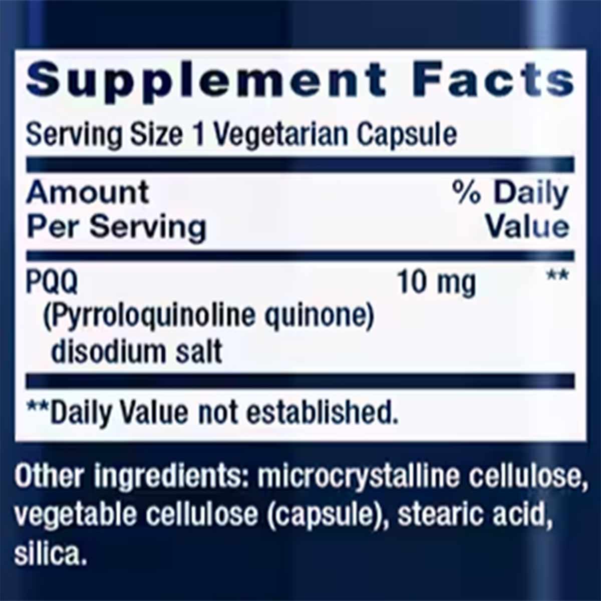 Supplement Facts label showing PQQ pyrroloquinoline quinone 10 mg per vegetarian capsule with ingredients list on dark blue b