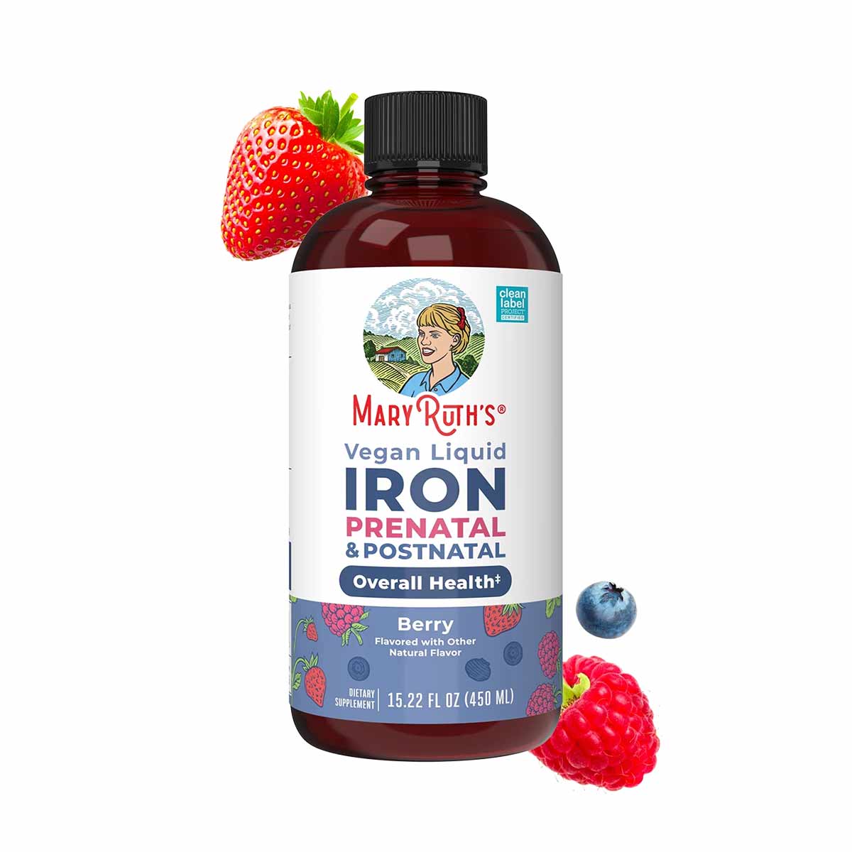 Dark amber glass bottle with black cap labeled "MaryRuth's Vegan Liquid Iron Prenatal & Postnatal" in berry flavor, surrounde