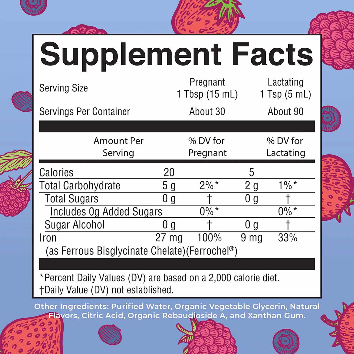 Supplement Facts label for prenatal and postnatal liquid iron with serving sizes and nutritional information on berry-pattern
