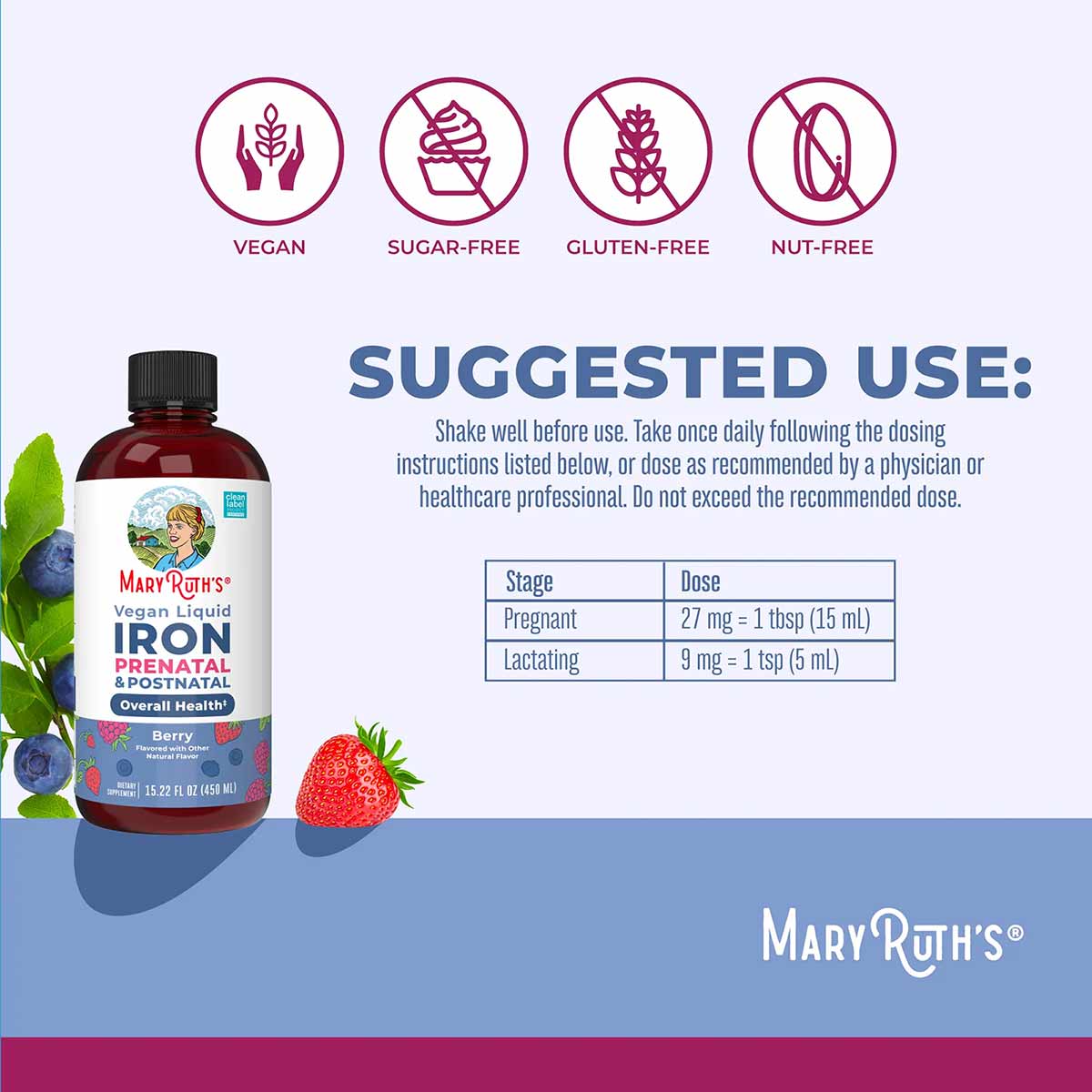 Dark red liquid iron supplement bottle with black cap, surrounded by berries and leafy greens, with dietary icons and dosage 