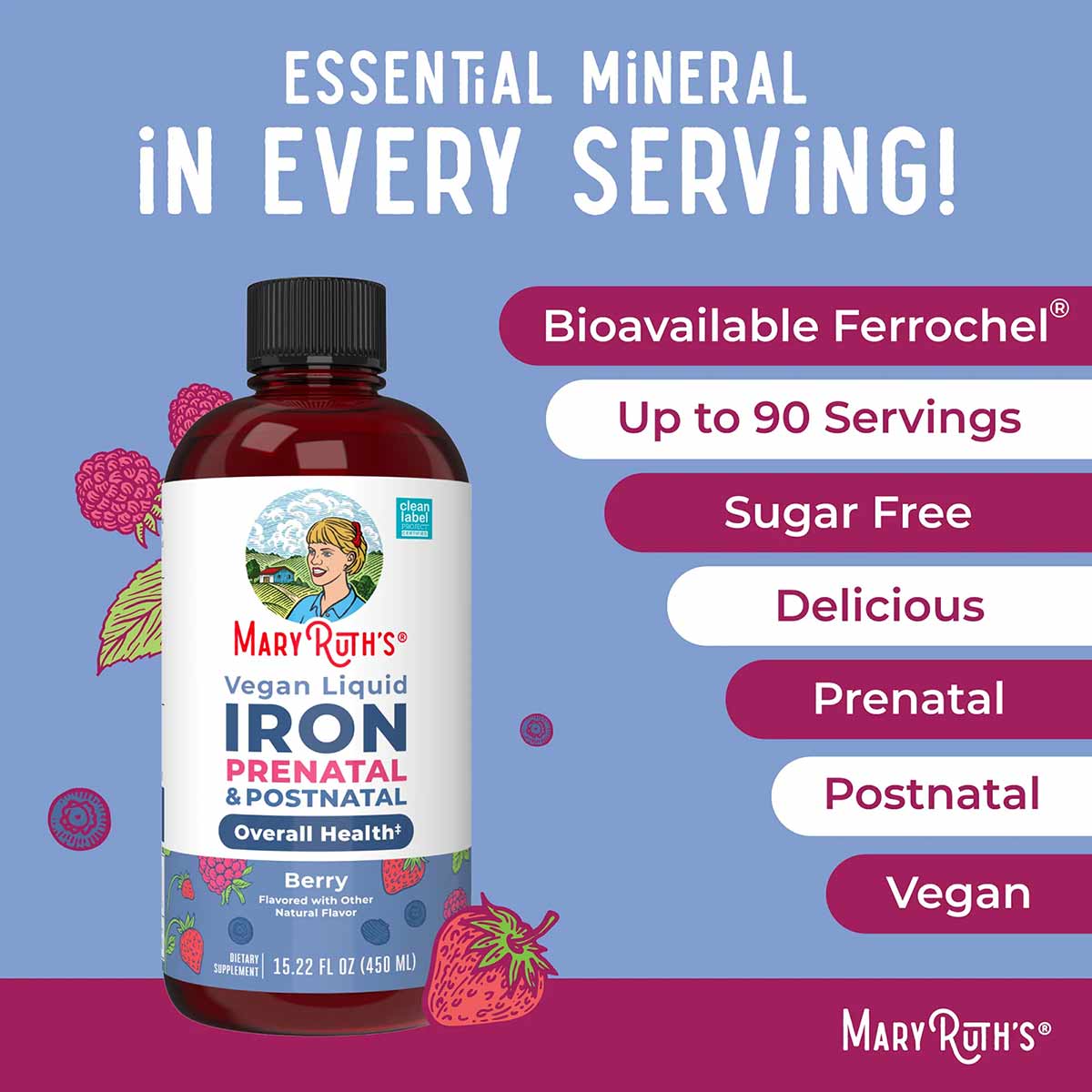 Dark amber glass bottle of MaryRuth's vegan liquid iron supplement with black cap, 15.22 fl oz, on blue background with berry