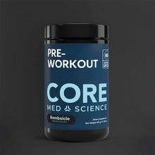Dark blue container with black lid labeled "Pre-Workout" by Core Med Science in light blue text, Bombsicle flavor, 492g net w