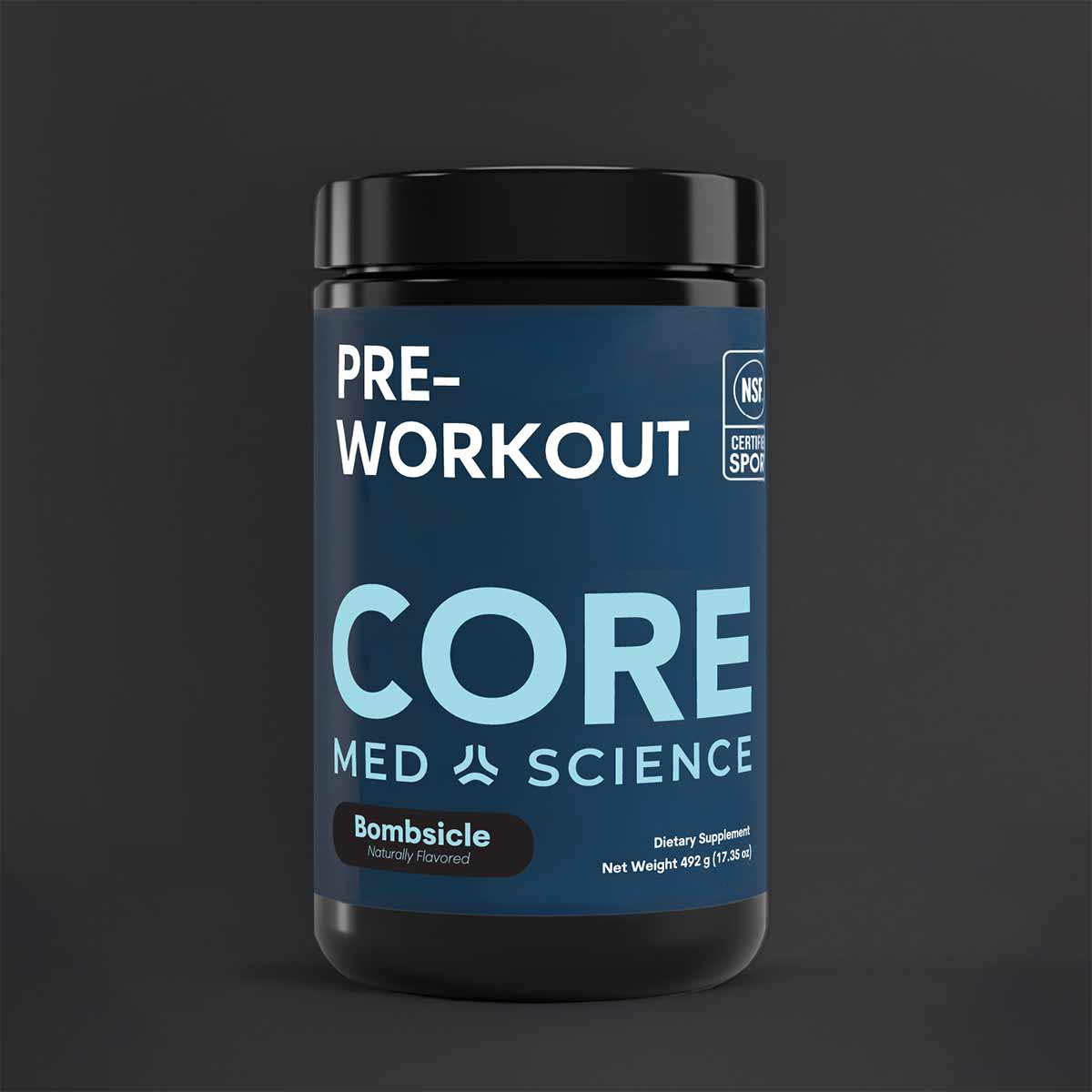 Dark blue container with black lid labeled "Pre-Workout" by Core Med Science in light blue text, Bombsicle flavor, 492g net w