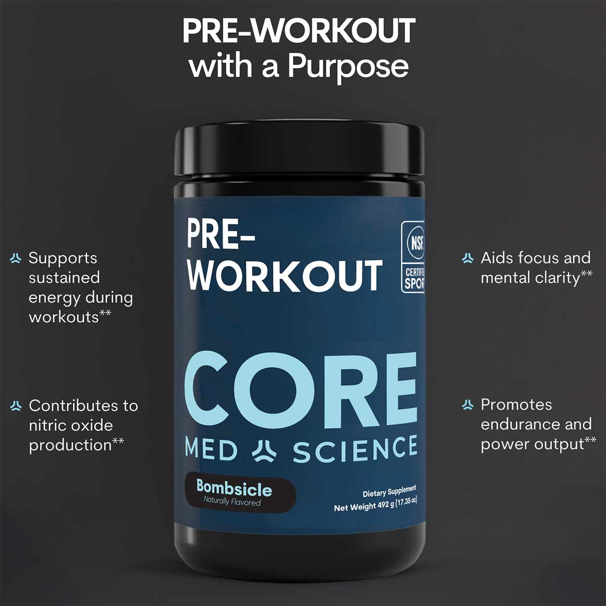 Core Med Science Pre-Workout powder in Bombsicle flavor, black container with blue label.