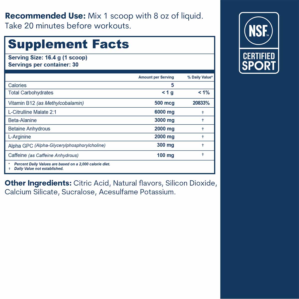 Supplement Facts label for Core Med Science pre-workout powder with NSF Certified Sport badge on dark blue background.
