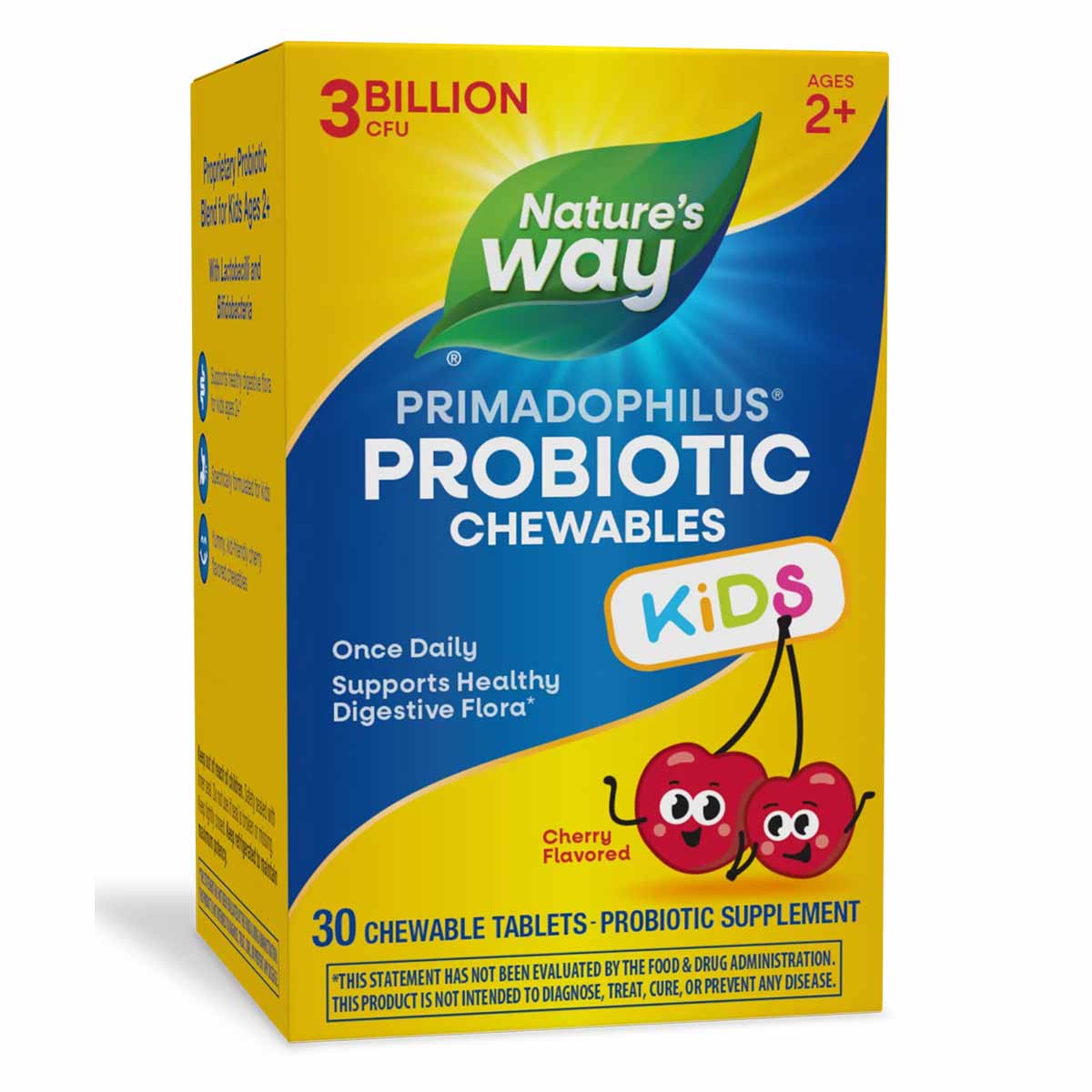 Nature's Way Primadophilus Probiotic Chewables Kids box with cherry-flavored tablets for ages 2+, 3 billion CFU, 30 count.